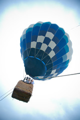Wedding romantic couple flying on air ballon. Romantic, adrenaline concept