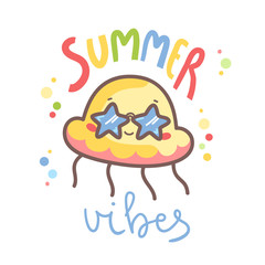 Sweet kawaii jellyfish with star shape sunglasses and rainbow bubbles. Print.