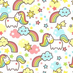 Materiał do szycia Seamless magic pattern with cute kawaii unicorn, rainbows, stars and clouds.