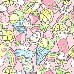 Kawaii cute seamless pattern with summer sweet food, ice-cream, fruits and coctails and funny characters jumping between desserts.