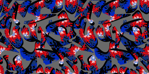 geometric figures with texture of abstract flowers of red colors with dark blue on a gray color