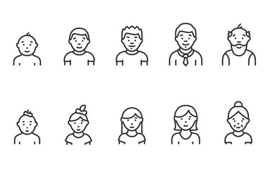 Lifecycle from birth to old age, icon set. People of different ages, male and female, linear icons. Childhood to old age. Life cycle. Line with editable stroke