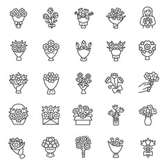 Bouquet of flowers, icon set. Flower bouquets, linear icons. Making, packaging, delivery, and present of flowers. Line with editable stroke