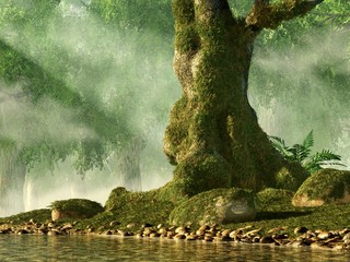 An old twisted, moss covered oak tree rests by the rocky shore of a stream in deep woods. Sunlight breaks through the forest canopy and shined down it while mists obscure the background. 3D Rendering