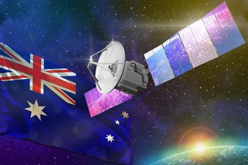 Space communications technology concept - satellite with Australia flag, 3D Illustration