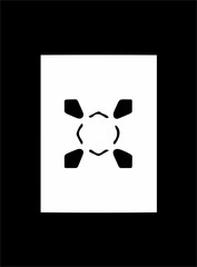 Ornate abstract black symbol on white background and black frame