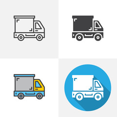 Delivery truck icon. Line, glyph, flat and filled outline colorful version, lorry truck outline and flat vector sign. Symbol, logo illustration. Different style icons set