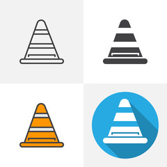 Road traffic cone icon. Line, glyph, flat and filled outline colorful version, striped cone outline and flat vector sign. Under construction symbol, logo illustration. Different style icons set