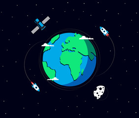 Earth, moon, rockets and satellite in space. Template for Banner, Poster or Flyer. Vector illustration