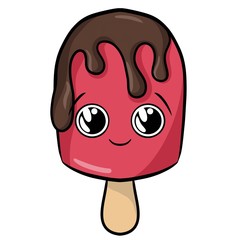 illustration of strawberry ice cream on a stick in chocolate