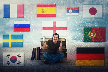student guy learn different languages on headphones © 1STunningART