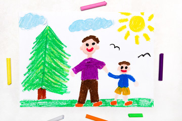 Colorful drawing: father and son walking