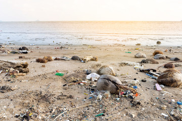 Garbage on the beach, dirty beach in Thailand, outdoor day light, environment problem