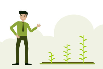 A man with plant agriculture flat cartoon background
