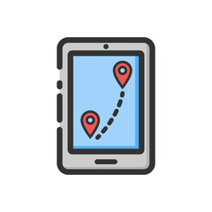 illustration of a smart phone running a map application. Suitable for visualizing the use of directions, GPS technology and location markers. Location marking software icon