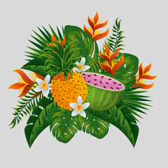 tropical fruits with exotic flowers and leaves