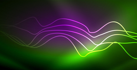 Glowing abstract wave on dark, shiny motion, magic space light. Techno abstract background