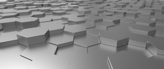 Gray metallic honeycomb hexagon background wallpaper. Perspective. 3D render