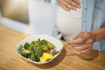 Closeup of veggie bowl, pregnancy