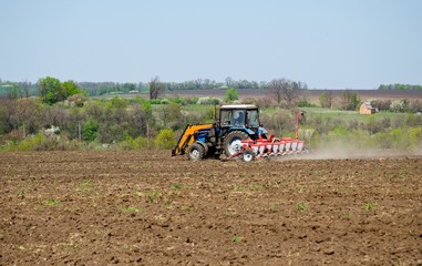 Obraz premium Tractor sows wheat and rye on a plowed field on a spring sunny day