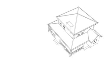 Progetto di architettura per la progettazione architettonica. Vista esterna in wireframe 3D. Design di Edificio. Villa, casa di prorpietà.