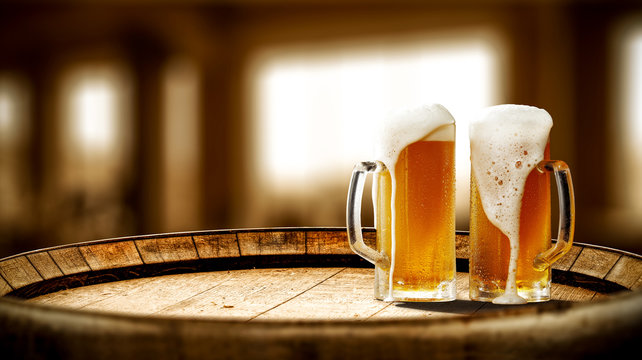 Fresh Cold Beer And Barrel Background. 