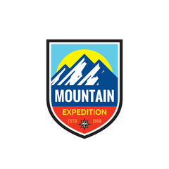 Mountain expedition - concept badge. Climbing logo in flat style. Extreme exploration sticker symbol.  Camping & hiking creative vector illustration. Adventure outdoors. Graphic design element.  