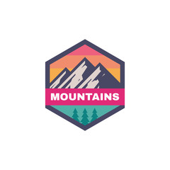 Adventure outdoors - concept badge. Mountain climbing logo in flat style. Extreme exploration sticker symbol.  Camping & hiking creative vector illustration. Graphic design element.  