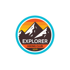 Explorer adventure outdoors - concept badge. Mountain climbing logo in flat style. Extreme exploration sticker symbol.  Camping & hiking club creative vector illustration. Graphic design element.  