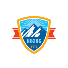 Adventure outdoors - concept badge. Mountain climbing logo in flat style. Extreme exploration sticker symbol.  Camping & hiking creative vector illustration. Graphic design element.  