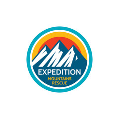Expedition mountains rescue. Adventure outdoors - concept badge. Climbing logo in flat style. Extreme exploration sticker symbol.  Camping & hiking creative vector illustration. Graphic design element