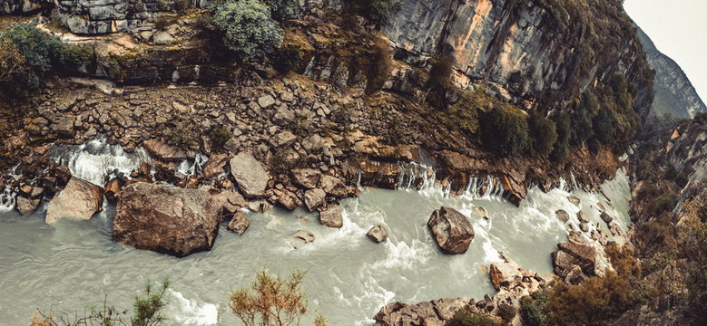 Panoramic landscape from Akcay River. Manavgat, Antalya, Turkey. Rafting tourism and holiday concept.
