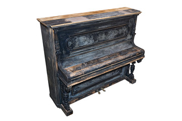 Old-fashioned antique ornamental piano with carved pillars. Before restoration
