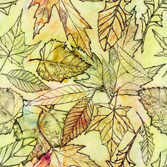 Seamless botanical pattern of yellow leaves. Watercolor hand drawn illustration for background, wallpaper, fabric