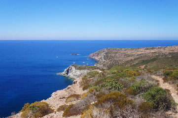 View of the blue azure sea lagoon gulf of the ocean. Summer heat nature on the southern island of the mountain rocks stones.