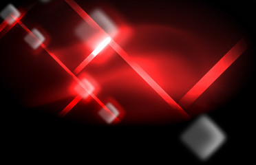 Neon square and line lights on dark background with blurred effects