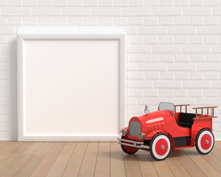 Frame Mockup With Baby Toy Vintage Fire Truck On The White Background