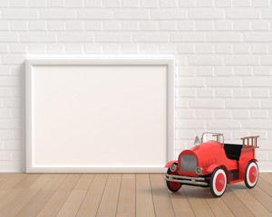 Frame Mockup With Baby Toy Vintage Fire Truck On The White Background