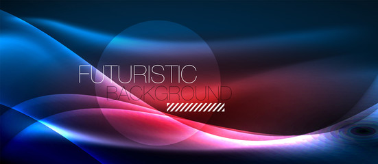 Glowing abstract wave on dark, shiny motion, magic space light. Techno abstract background
