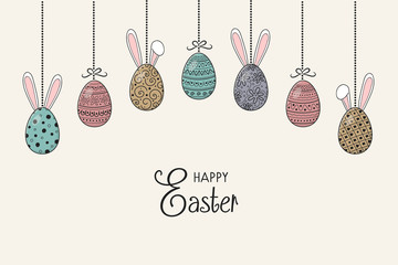 Hanging Easter eggs with funny bunny ears and wishes. Vector