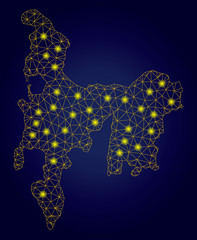 Yellow mesh vector Hamilton Island map with glare effect on a dark blue gradiented background. Abstract lines, light spots and circle dots form Hamilton Island map constellation.