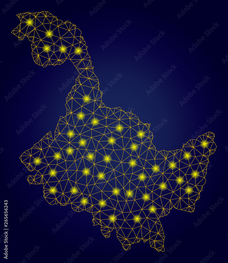 Poster yellow mesh vector heilongjiang province map with glare effect on a dark blue gradiented background.