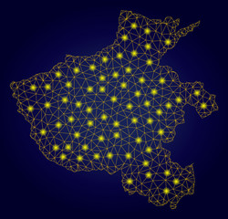 Yellow mesh vector Henan Province map with flare effect on a dark blue gradiented background. Abstract lines, light spots and small circles form Henan Province map constellation.