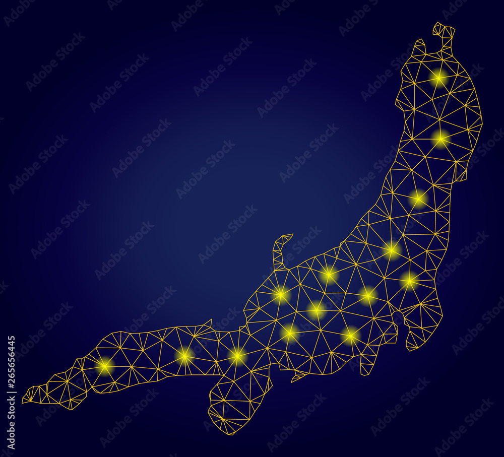 Poster yellow mesh vector honshu island map with glare effect on a dark blue gradiented background. abstrac