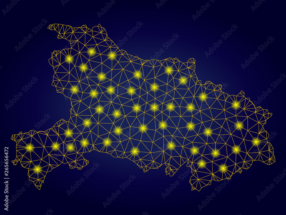 Poster yellow mesh vector hubei province map with glare effect on a dark blue gradiented background. abstra