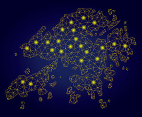 Yellow mesh vector Hong Kong map with glare effect on a dark blue gradiented background. Abstract lines, light spots and points form Hong Kong map constellation.
