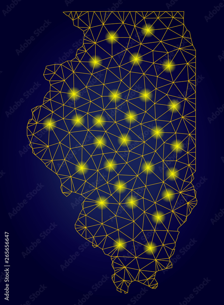 Poster yellow mesh vector illinois state map with glare effect on a dark blue gradiented background. abstra