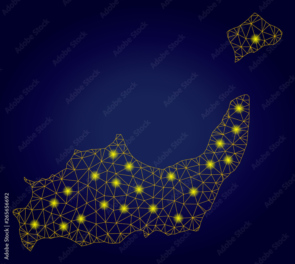 Poster yellow mesh vector inagua islands map with glare effect on a dark blue gradiented background. abstra