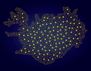 Yellow mesh vector Iceland map with glare effect on a dark blue gradiented background. Abstract lines, light spots and points form Iceland map constellation.