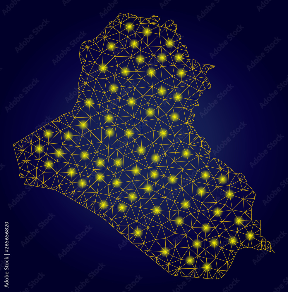 Poster yellow mesh vector iraq map with glare effect on a dark blue gradiented background. abstract lines, 